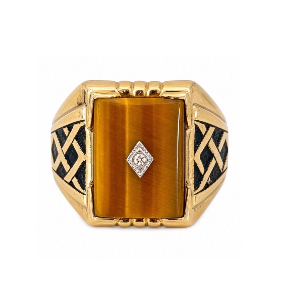 Vintage 1970s Ring Size 13 Tigers Eye Crystal Accent Textured Gold Plated - 14N